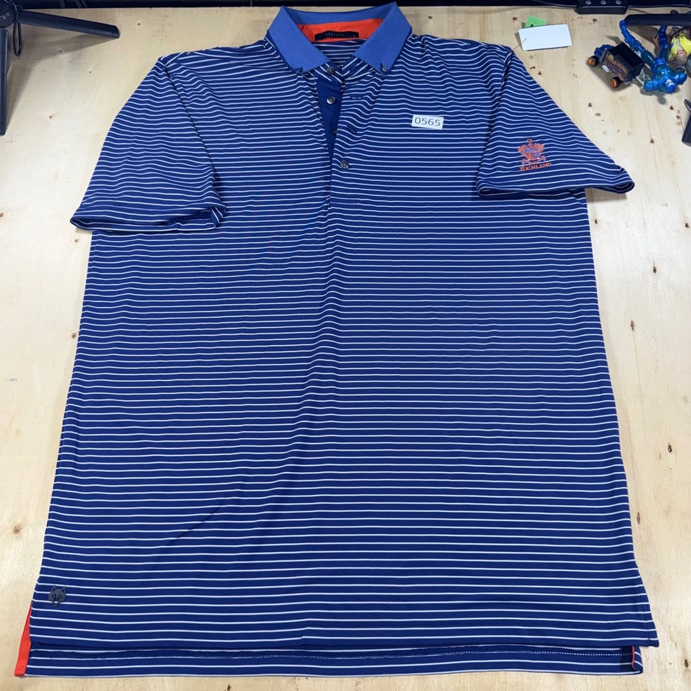 Greyson Mens L Golf Polo Shirt Blue White Stripe Performance Richland Logo